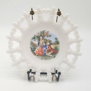 Vintage Milk Glass Courting Couple Plate Lattice Openwork Edge Victorian Decor